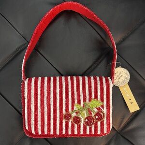 Striped Red Cherry Beaded Shoulder Bag